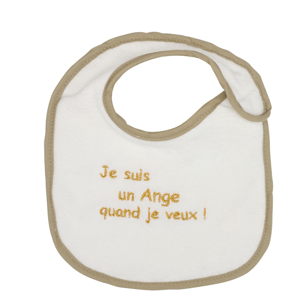 Plain off-white newborn bib "I'm an angel when I want to be!"