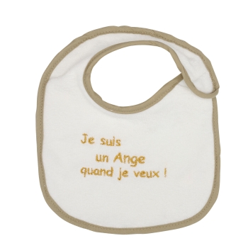 Bavoir naissance écru uni "je suis un ange quand je veux !"