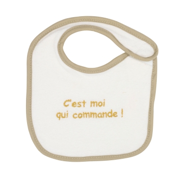 Bavoir naissance écru uni "c'est moi qui commande !"