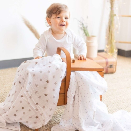 3 Baby Muslin Swaddles - Oeko-tex - Star Pattern Kinousses - 1