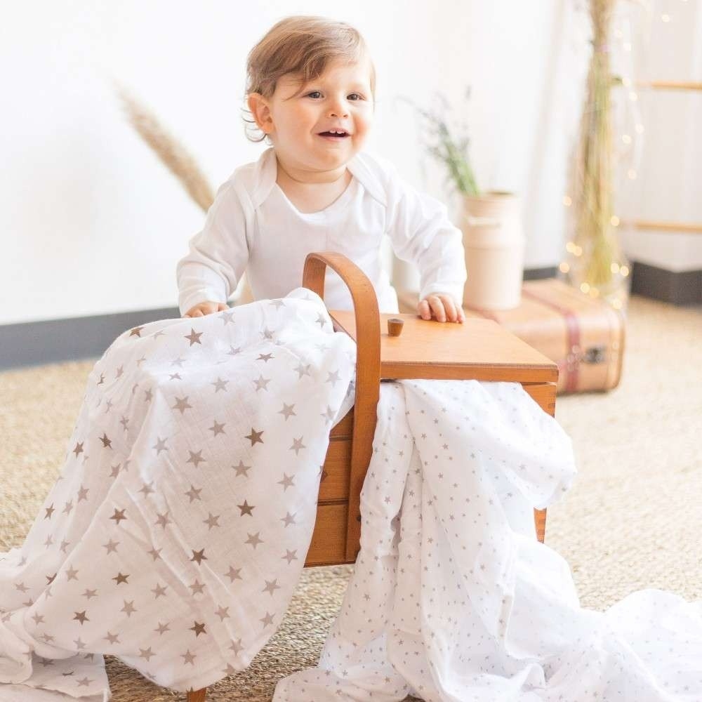3 Baby Muslin Swaddles - Oeko-tex - Star Pattern Kinousses - 2 3 Baby Muslin Swaddles - Oeko-tex - Star Pattern Kinousses - 2